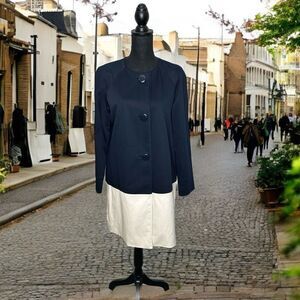 Kate Spade Ritchie Coat 3 Button Trench Coat Size Medium Navy Cream White